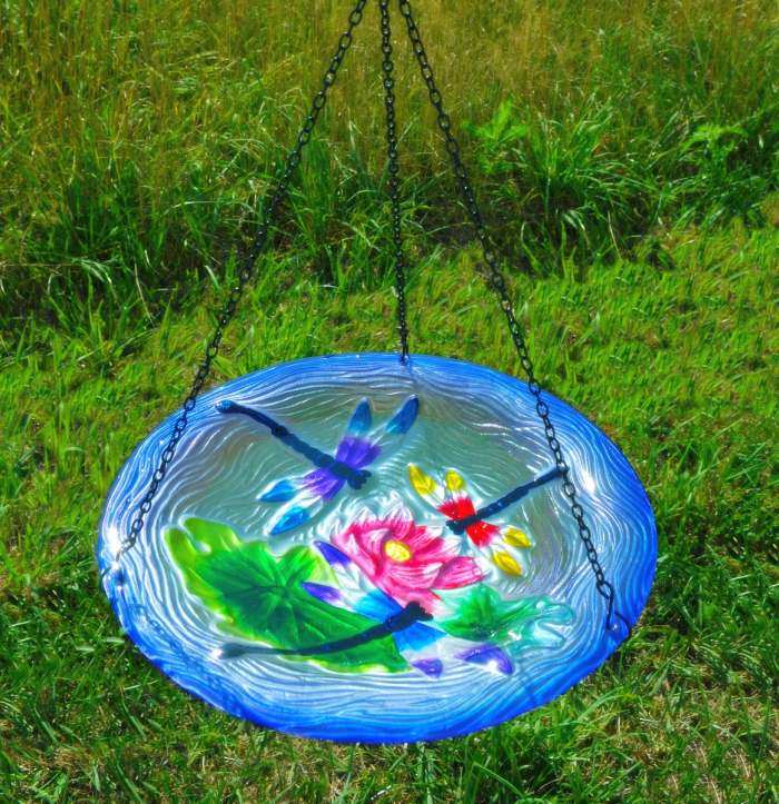 Embossed Dragonfly Trio Hanging Glass Bird Bath